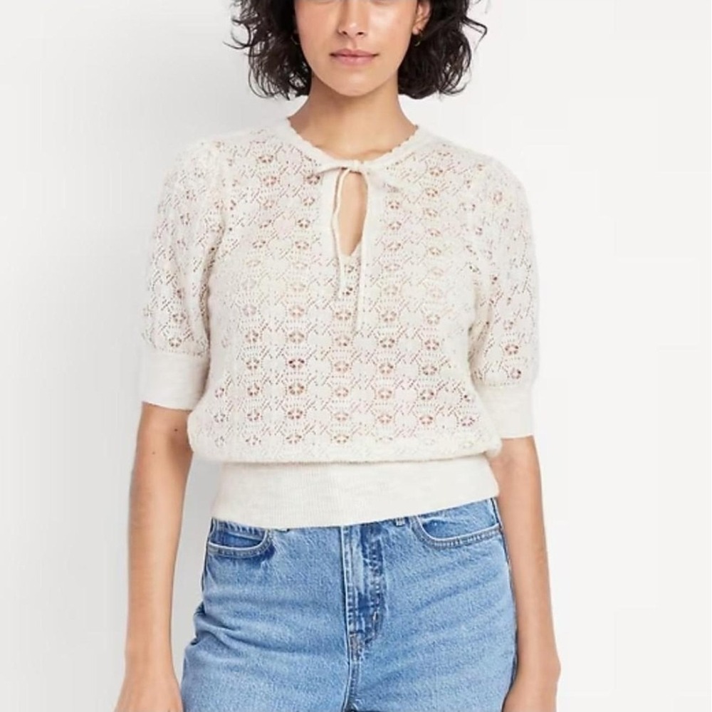 Old Navy Women M Tall Wool Blend Pointelle Tie Front Puff Sleeve Sweater Oatmeal
